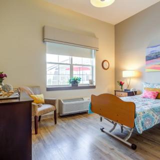 A well-furnished hospital room with a patient bed, window, and decorative elements.