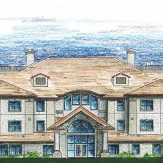 An architectural illustration of a multi-story building with a detailed facade.