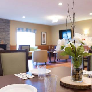 A cozy dining and lounge area featuring modern furniture and natural decor.