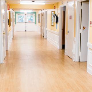 A clean and bright corridor with yellow walls and wooden flooring, featuring multiple doors and windows.