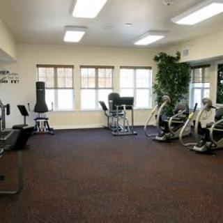 A well-lit gym with various exercise equipment and cardio machines.