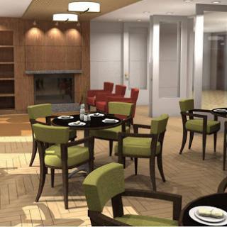 A modern dining area featuring green chairs and wooden tables, creating a cozy atmosphere.