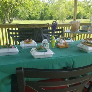 An outdoor picnic setup on a deck with a green tablecloth, chairs, and meal boxes.