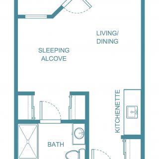 Studio apartment floor plan featuring a sleeping alcove, living/dining area, bathroom, and kitchenette.