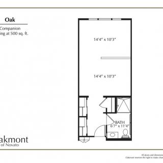 Floor plan of a studio apartment at Oakmont of Novato.