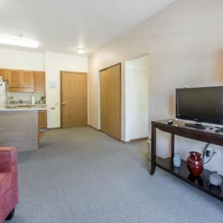 A cozy apartment living room with a view into the kitchen area, featuring a television and comfortable seating.