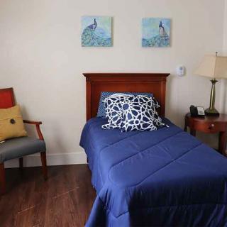 A cozy bedroom featuring a single bed with blue bedding and decorative pillows, complemented by a chair and a side table with a lamp.
