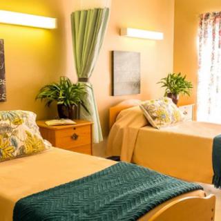 A cozy bedroom with twin beds, warm lighting, and plants for a welcoming atmosphere.