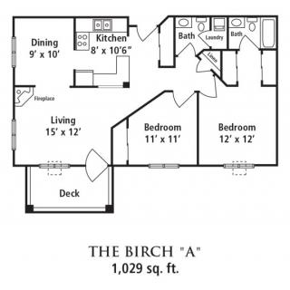 The Birch 'A' floor plan features 1,029 sq. ft. with 2 bedrooms, a kitchen, dining and living areas, a bathroom, and a deck.