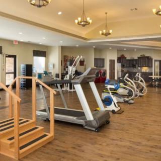 A modern gym equipped with various exercise machines, including treadmills and ellipticals.