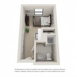 A 3D floor plan of a small apartment featuring a bedroom, bathroom, and living area.
