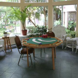 A cozy indoor setting with a poker table and chairs surrounded by potted plants.