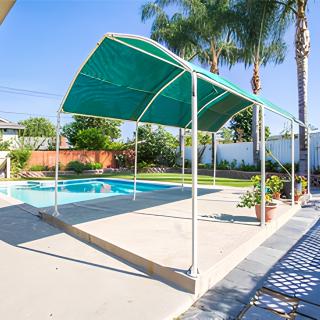 A sunny backyard with a swimming pool and a green canopy providing shade.