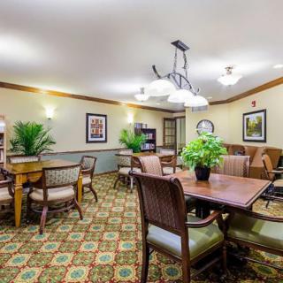 A cozy dining room with wooden furniture and decorative plants under a stylish chandelier.
