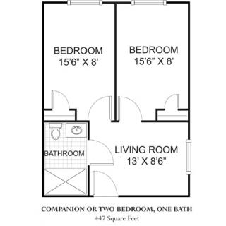 A floor plan of a two-bedroom, one-bathroom apartment with a living room.