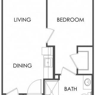 A floor plan of a one-bedroom apartment with living, dining, and bath areas.
