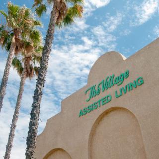 A building labeled 'The Village Assisted Living' with palm trees under a blue sky.