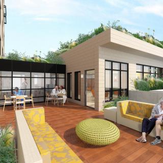 A modern rooftop terrace with comfortable seating and lush greenery.