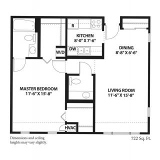 A floor plan of a one-bedroom apartment featuring a master bedroom, kitchen, dining area, living room, and bathroom.