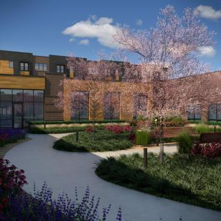 A beautifully landscaped garden with pathways and blooming trees in front of a modern building.