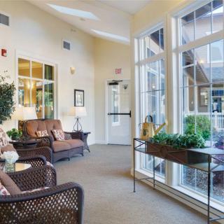 A cozy lobby with comfortable seating, large windows, and lush greenery.