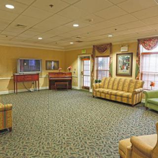 A cozy living room featuring a patterned carpet, various sofas, a television, and wall decor.