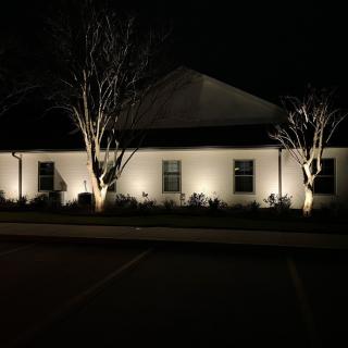 A building at night illuminated by exterior lights, highlighting surrounding trees.
