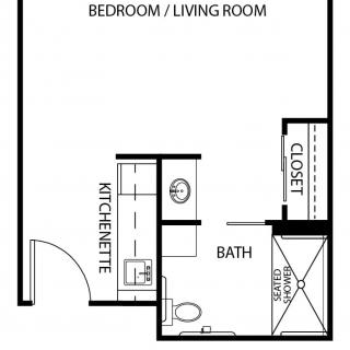 A floor plan of a studio apartment with a kitchenette, bath, and closet.