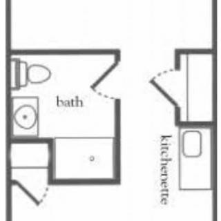 A simple floor plan showing a small apartment with a bathroom and kitchenette.