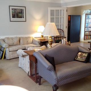 A cozy living room with sofas, a lamp, and a bookshelf.
