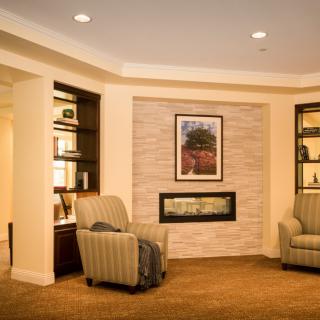 A cozy living room with a modern fireplace, flanked by bookshelves and comfortable armchairs.