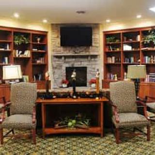 A cozy living room with a fireplace flanked by bookshelves and adorned with comfortable seating and lamps.