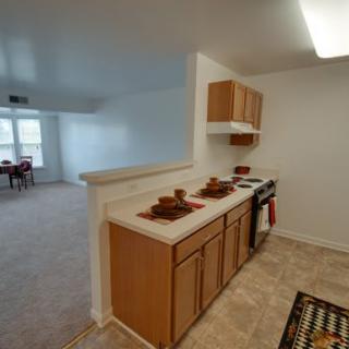 An open kitchen with wood cabinets and a view into the living area.