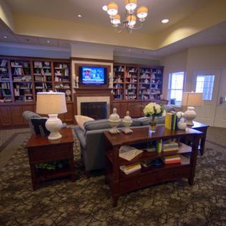 Cozy living room with a fireplace and bookshelves, featuring a sofa, coffee table, and decorative lamps.