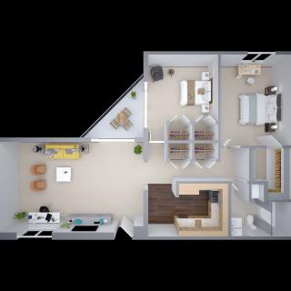 A detailed floor plan of a modern apartment, featuring a spacious living room, a bedroom, and an open kitchen with a dining area.