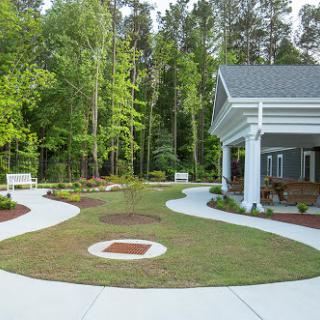 A serene garden setting featuring winding pathways surrounded by lush greenery.