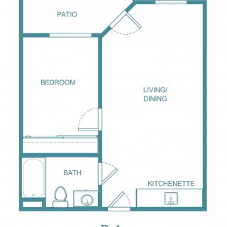 A floor plan of a one-bedroom apartment featuring a living/dining area, kitchenette, bathroom, bedroom, and patio.
