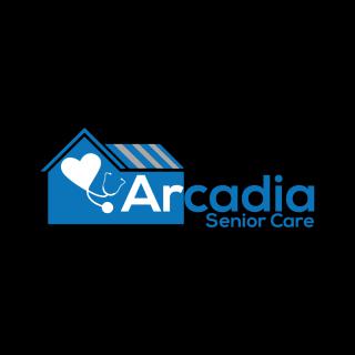 Logo for Arcadia Senior Care featuring a house, heart, and stethoscope.
