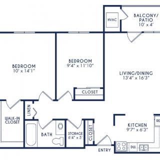 A blueprint of a two-bedroom apartment with labeled rooms and dimensions.