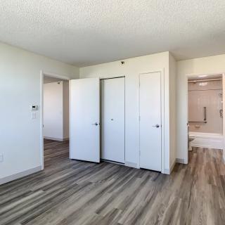 An empty bedroom with wood flooring, a spacious closet, and light-colored walls.