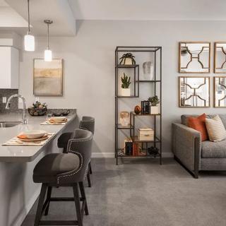 A modern living room and kitchen area featuring stylish decor, comfortable seating, and well-organized shelving.