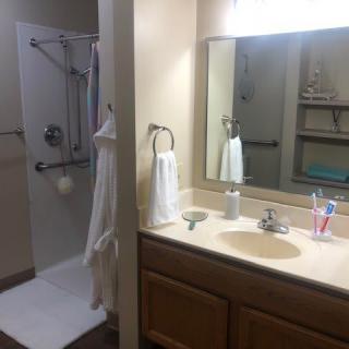 A bathroom with a sink, mirror, and adjacent shower area.