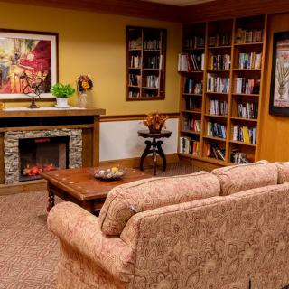 A cozy living room with a sofa, bookshelves, a fireplace, and artwork on the wall.