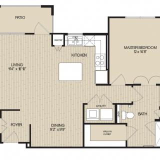 A detailed floor plan of an apartment showing the layout of rooms including a master bedroom, kitchen, living room, and dining area.