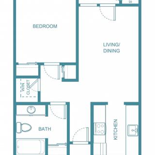A floor plan of a one-bedroom apartment, including living and dining space, kitchen, and bathroom.