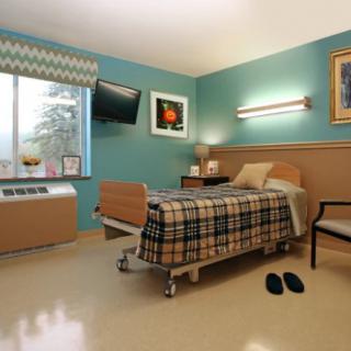 A clean and well-furnished hospital room with a single bed, wall decor, and natural light from a window.