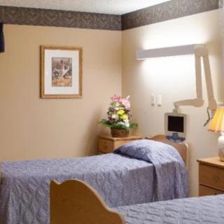 A hospital room with two beds, a small television, and decorative flowers.