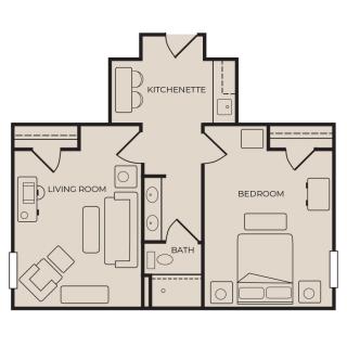 A simple one-bedroom apartment floor plan featuring a kitchenette, living room, and bathroom.