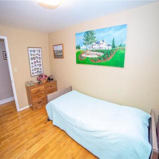 A cozy bedroom with a single bed, wooden flooring, and decorative artwork on the walls.