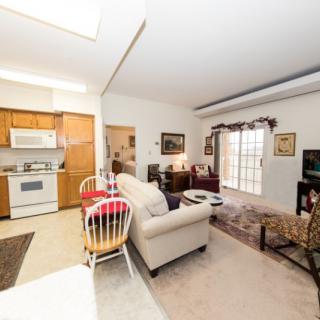A cozy open floor plan combining the living room and kitchen, featuring a sofa, dining table, and television.